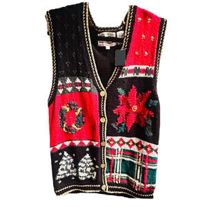 Westbound Women’s Vintage Christmas Poinsettia Holiday Button Knit Vest Medium